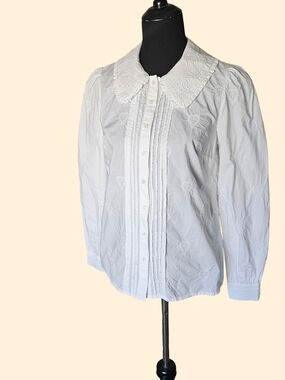 Boden White Embroidered Blouse Size2 Peter Pan Collar Pintuck Button Up Coquette